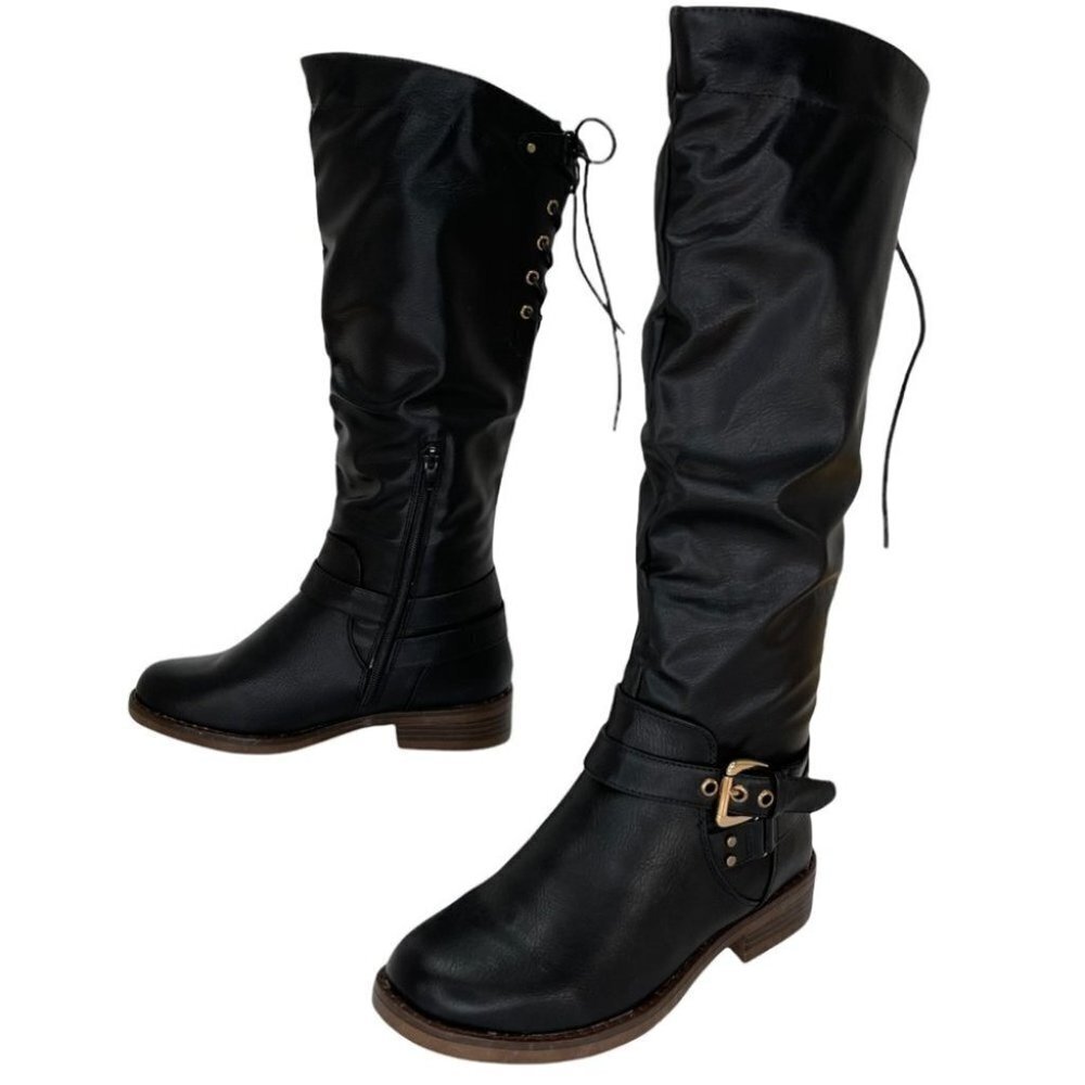 XOXO Montclair Black Faux Leather Tie Back Womens Knee High Boots Size 6M - Picture 16 of 16